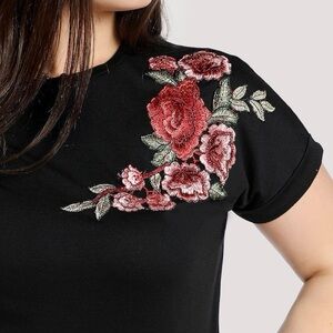 SHEIN Women's Medium Black Embroidered Floral Cuff Sleeve Top